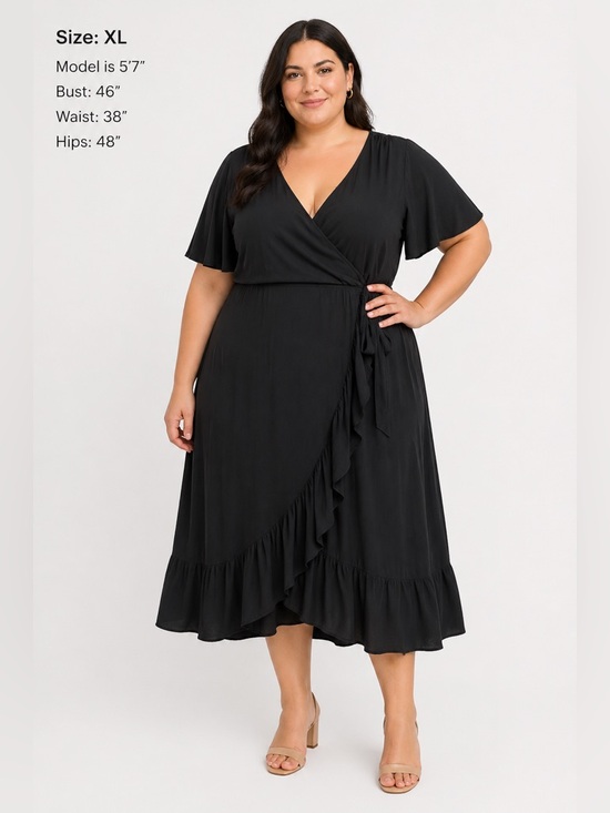 Lane Bryant Dresses & Skirts - Lane Bryant Black Faux Wrap Dress XL Flutter Sleeve Ruffle Midi Plus Size
